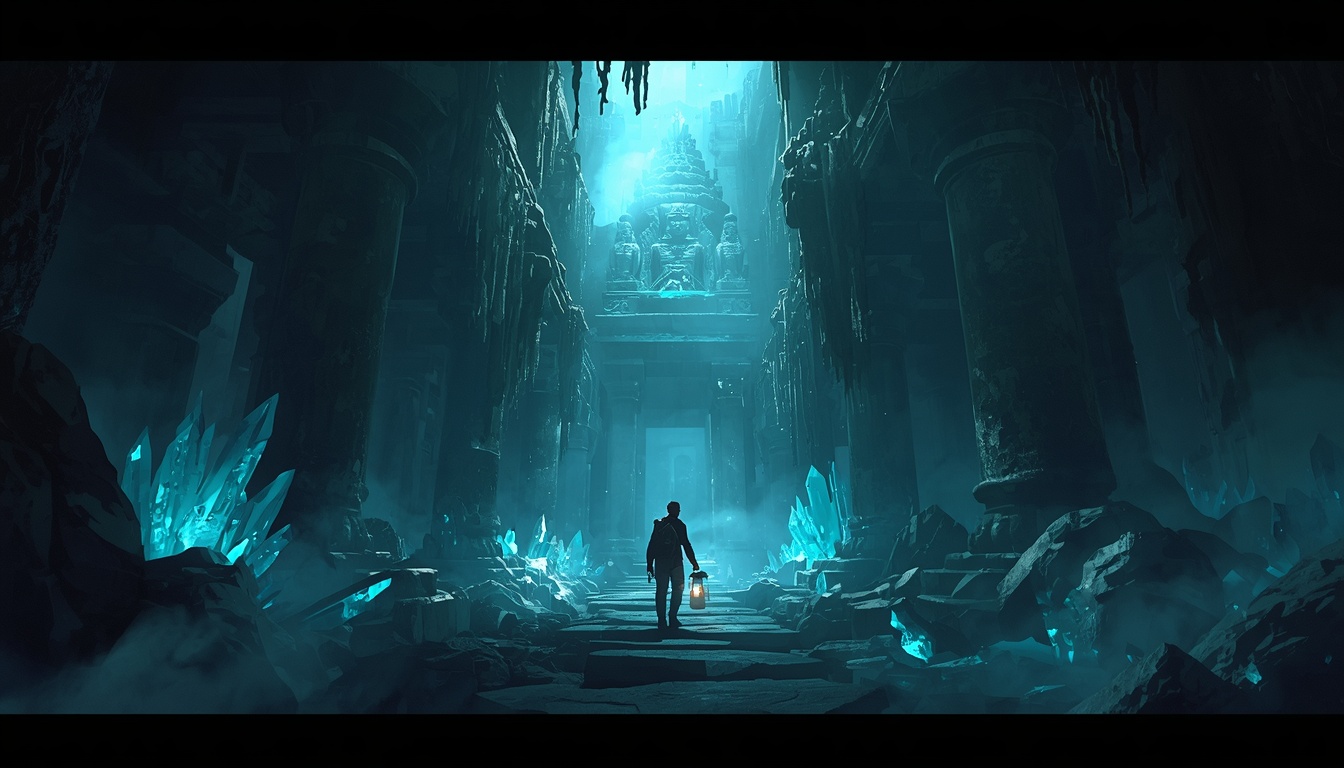 Hollowlight poster: an adventurer with a lantern deep inside ancient ruins
